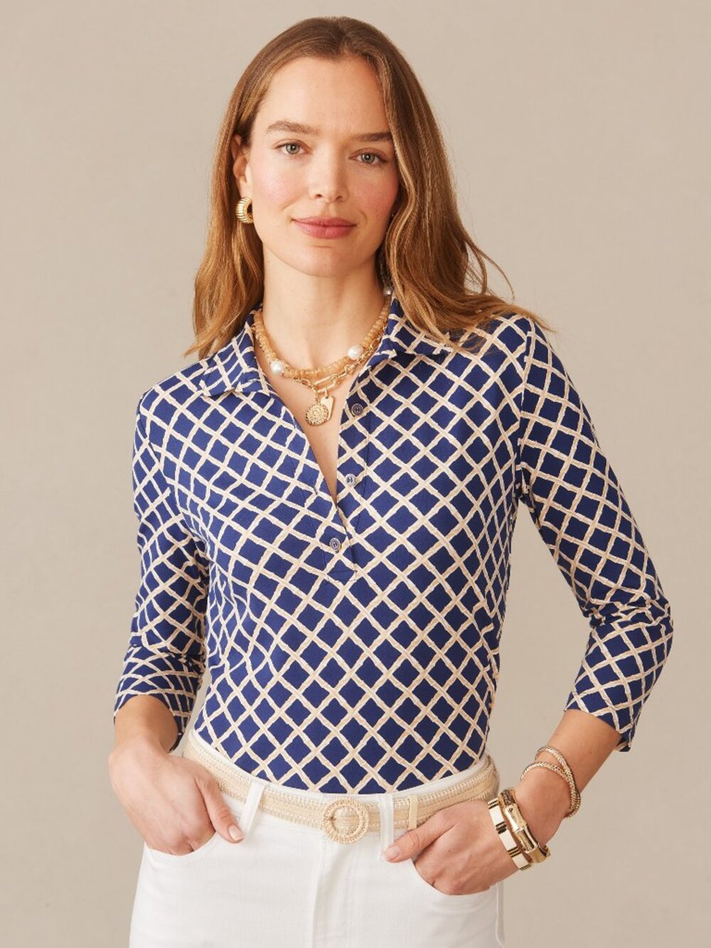 J McLaughlin Court 3/4 Sleeve Polo in Micro Bamboo - Navy/Sand NEW